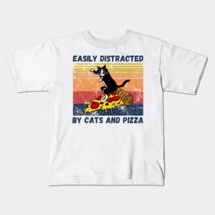 Easily Distracted By Cats And Pizza Funny Cats And Pizza Lover Kids T-Shirt